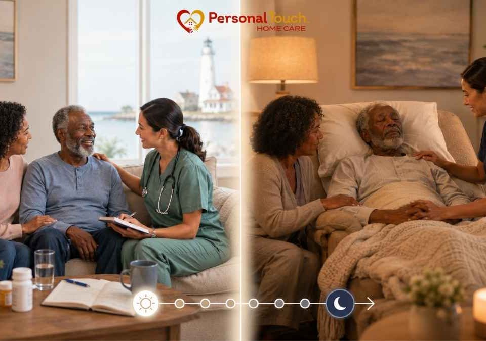Caregiver explaining hospice vs palliative care difference with family at home