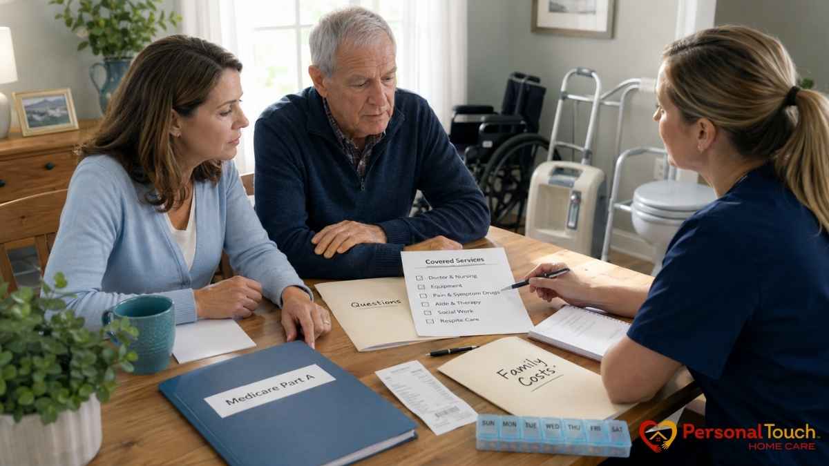 Family meeting with a nurse to review Medicare coverage and hospice care costs at home