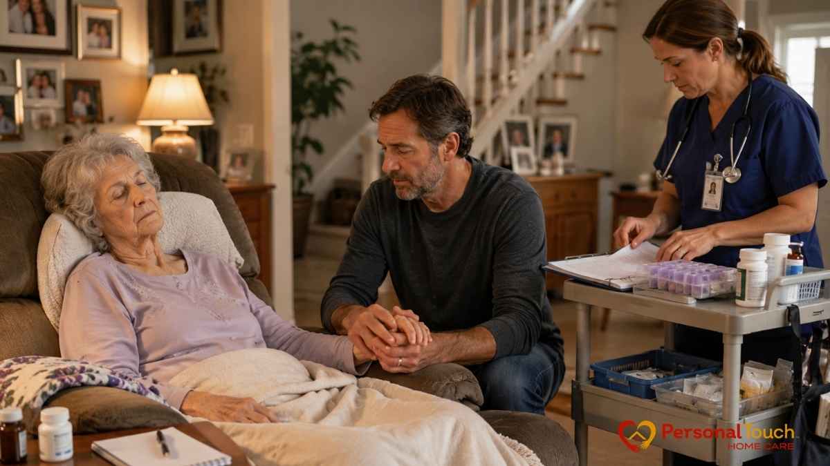 Family member holding hands with elderly woman resting at home while a nurse reviews notes