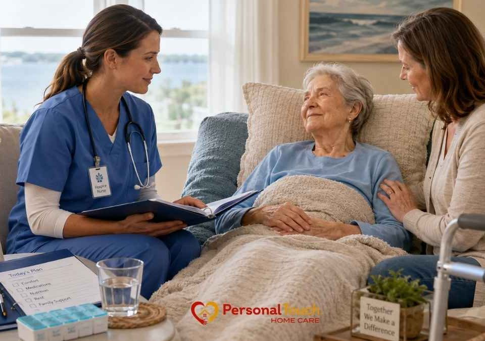 Hospice care at home in Hampton Roads with a nurse reviewing a care plan with patient and family