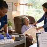 Nurse and family member providing hospice care at home for an elderly woman in a chair