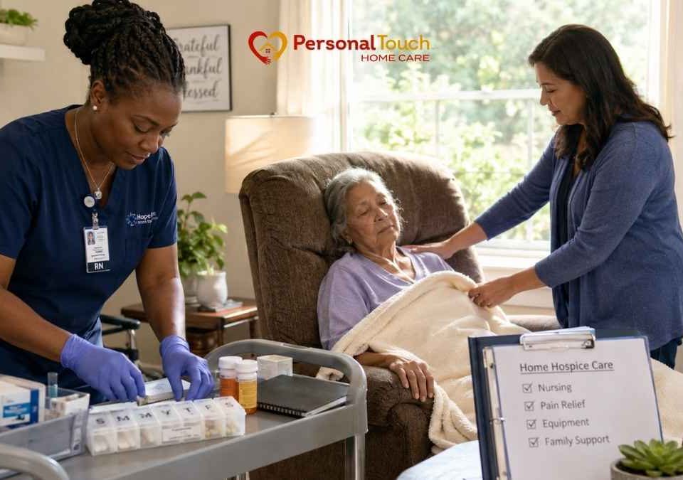 Nurse and family member providing hospice care at home for an elderly woman in a chair