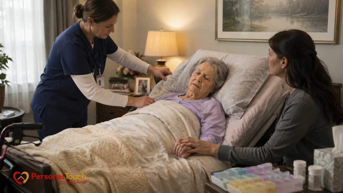 Nurse caring for an elderly woman in bed while a family member holds her hand beside her