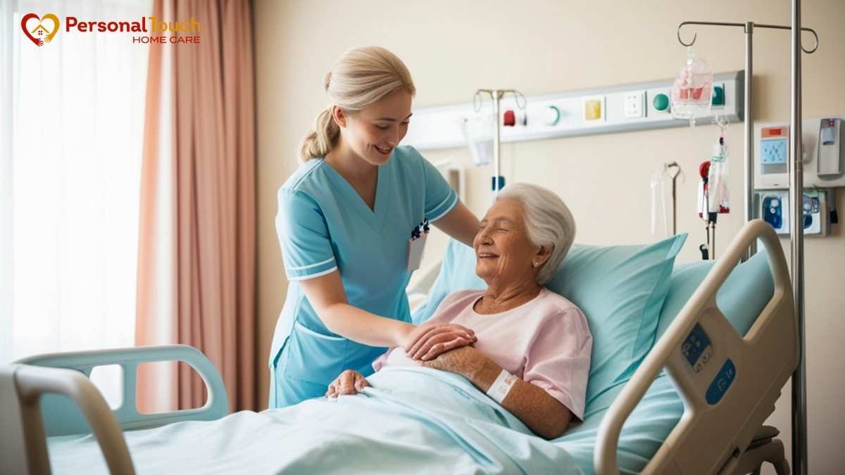 Nurse comforting a smiling elderly woman in a hospital bed