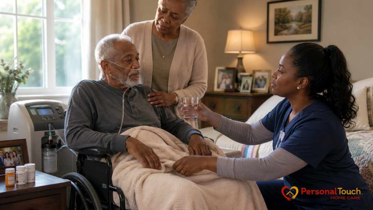 Nurse offering water to an elderly man in a wheelchair while a family member stands beside him