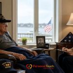Nurse reviewing VA hospice benefits with an elderly veteran at home