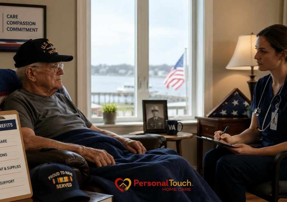 Nurse reviewing VA hospice benefits with an elderly veteran at home