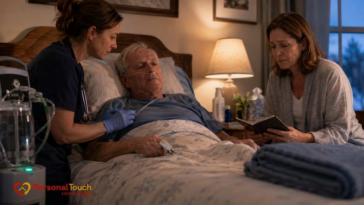 Nurse tending to an elderly man in bed while a woman reads nearby in a dimly lit bedroom