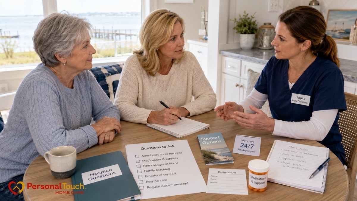 Two family members meeting with a hospice intake coordinator to review care questions